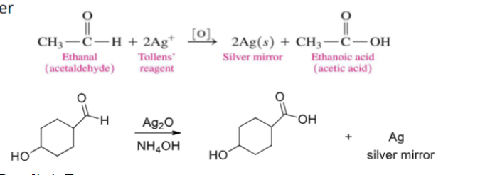 <ul><li><p>Ag2O / NH4OH</p></li><li><p>oxidizes aldehydes only</p></li><li><p>add oxygen to H on carbonyl</p></li></ul>