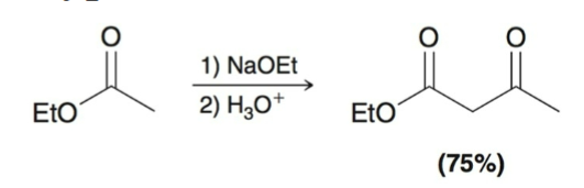 <p>Esters undergo reversible condensation reaction.</p><ul><li><p>Simply a nucleophilic acyl substitution reaction</p></li><li><p>nucleophile = enolate of an ester, electrophile = ester</p></li></ul><p></p>