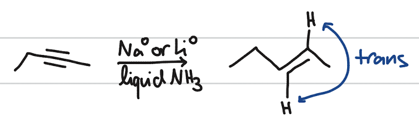 <p>addition of H and H on alkynes (trans product)</p><p>occurs when: Na˚ or Li˚; liquid NH3; H2</p><p>regiochemistry: anti addition</p>