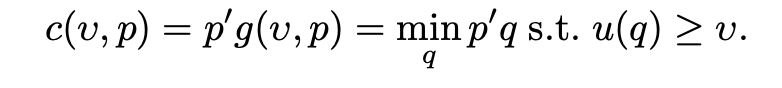 <p>the cost of the <strong>Hicksian bundle</strong></p><p></p><p>note that the marshallian evaluated at the cost minimisation bundle is equal to the hicksian f(c(v,p),p) = g(v,p)</p>