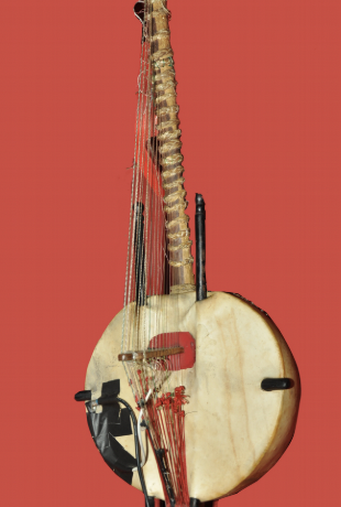 <p>most famous stringed instrument similar to a guitar. Long-necked harp with <strong>21 strings</strong> placed on a gourd covered with skin of an animal.</p>