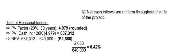 <p><strong>Payback period: 640K ÷ 128K = 5 years </strong></p><p><strong>Payback reciprocal: 1 ÷ 5 years = 20% </strong></p><p>Payback reciprocal is a reasonable estimate of the internal rate of return (IRR) provided that the following conditions are met: </p><p> Payback period is at most half of the economic life of the project [i.e., 5 years ≤ (30 ÷ 2)]</p><p></p><p></p>