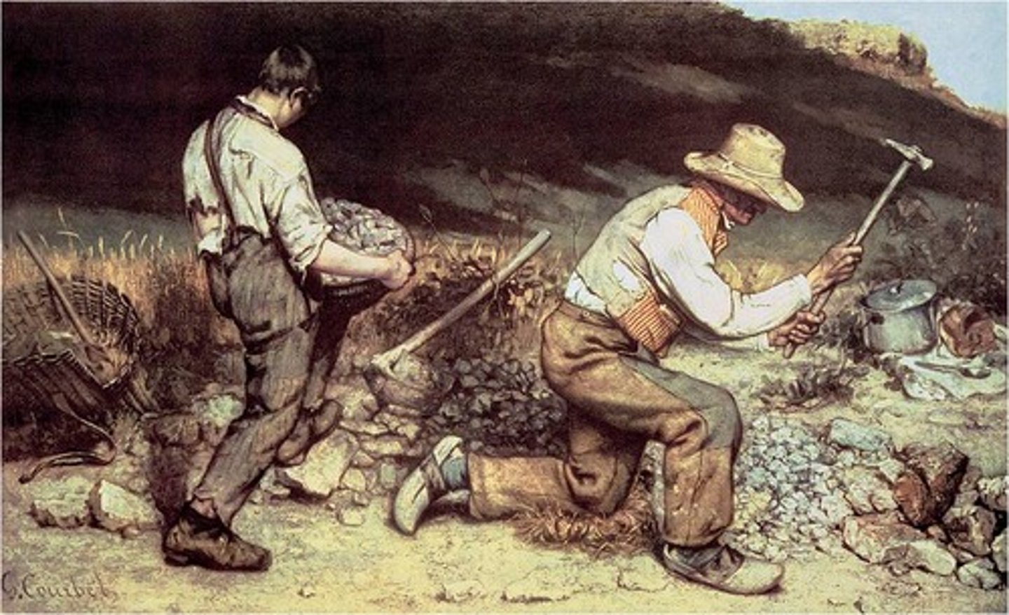 <p>1849. Gustave Courbet. Oil on canvas. Destroyed in ww2. Realism.<br>Narrative of poverty, conduction of grunt labor.<br>People are born in poverty and die in it<br>Created in REACTION!! To POOR WORKING CONDITIONS in industrial europe and it's ensuring HUGE labor strikes.<br>Monumental size: elevates commonplace to a GRAND, HISTORICAL scale. Increase impact.<br>Figure is obscured, or turned away: ANONYMITY, can relate to it<br>Tattered clothes, bed of straw to support knees, skin on hand is dark, wrinkled, weathered from SUN.<br>EARTH TONES in realism<br>He hired two stone breakers to pose for this</p>