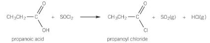 <p>when SOCl2 reacts with a carboxylic acid<br>- other products SO2 and HCl are evolved as gases leaving just the acyl chloride</p>