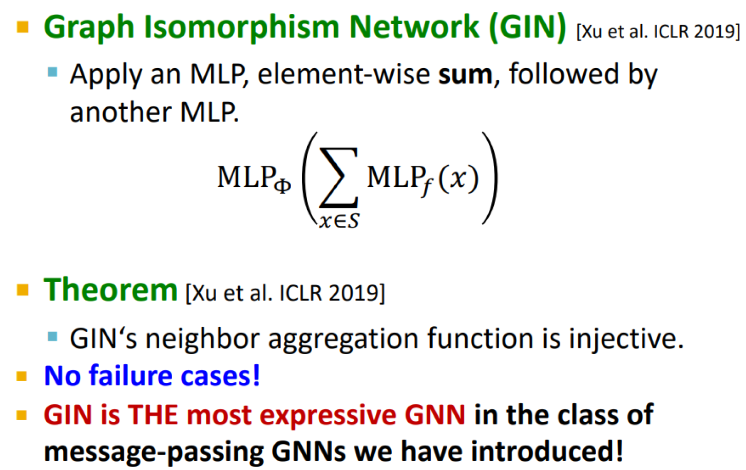 <p>A differentiable neural network version of the WL graph kernel: </p><ul><li><p>GIN uses a neural network to model the injective hash function</p></li><li><p>GIN’s update targets are the node embeddings (low-dim vectors), not the one-hot node colors</p></li></ul><p>=&gt; their expressive power is the same, they can distinguish most of the real-world graphs</p><p>Advantages:</p><ul><li><p>Due to the low-dimensional node embeddings, they are able to capture fine-grained node similarity</p></li><li><p>Parameters of the update function can be learnt for the downstream tasks</p></li></ul><p></p>