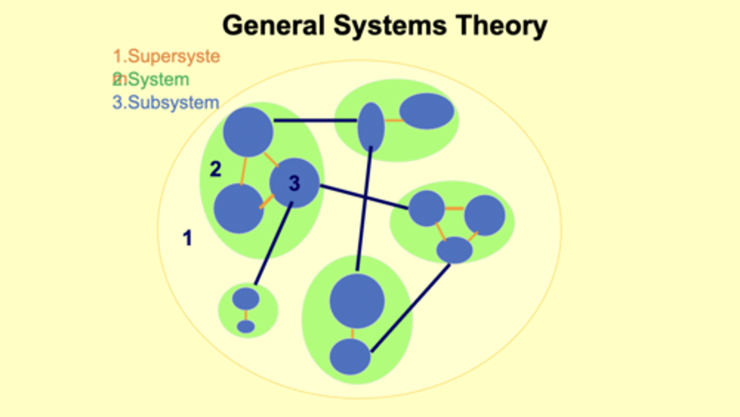 <p>Supersystem --&gt; The greater system</p><p>System --&gt; the general system</p><p>Subsystem --&gt; systems within the system</p>