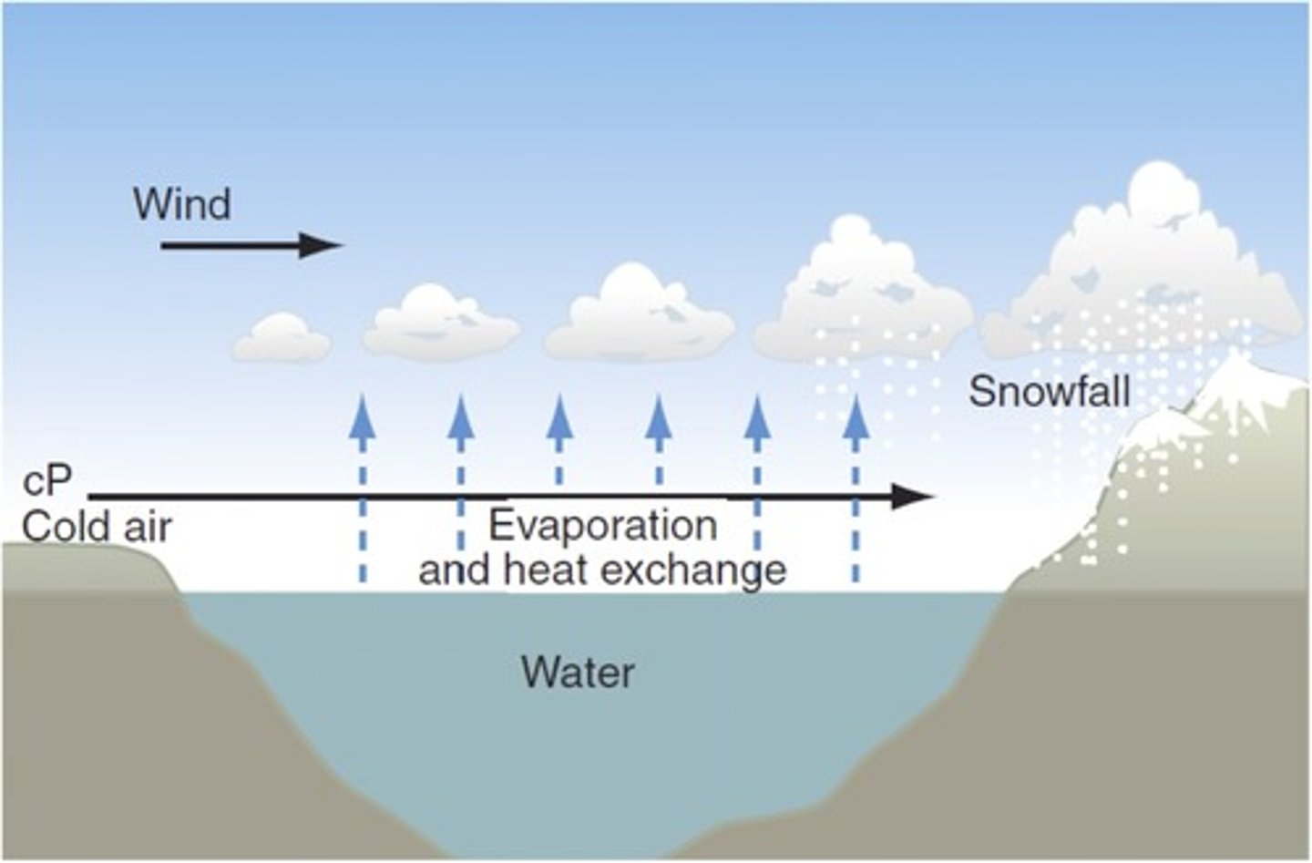 <p>Snow created when cold air flows over relatively warm water then over cold land</p>