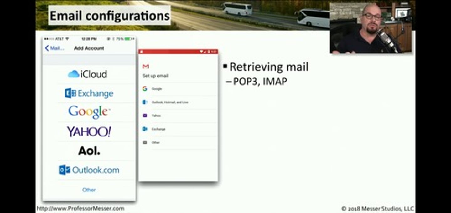 <p>*Retrieving mail - POP3, IMAP</p><p>*Sending mail - SMTP</p><p>*Corporate email - Microsoft Exchange</p><p>*Integrated providers</p><p>• iCloud, Google, Exchange Online, Yahoo</p>