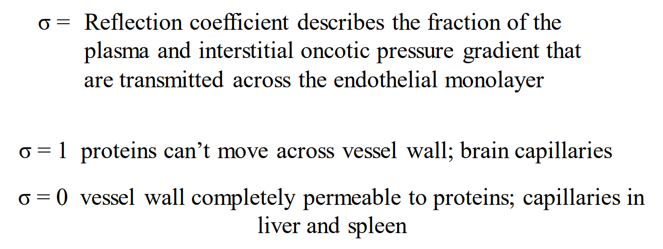 <p>Reflection coefficient describes the fraction of the plasma and interstitial oncotic pressure gradient that are transmitted across the endothelial monolayer</p>