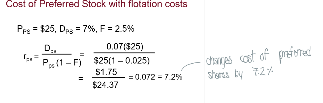 <p>Costs of issuing new securities → measured as a percentage of security price</p><ul><li><p>to account for floatation costs, use P x (1 - F) </p></li></ul><p></p>