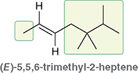 <ul><li><p>The double bond starts at carbon 2</p></li><li><p>The higher-priority groups are on <strong>opposite sides</strong> → (E)</p></li><li><p>Substituents are on carbons 5, 5, and 6</p></li></ul><p></p>
