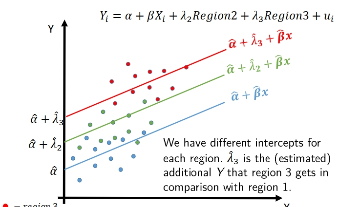 <ul><li><p>beta is the same for all the dummies </p></li><li><p>we have an additional intercept for other dummies which captures the additional effect of that dummy compared to the baseline dummy </p></li></ul><p></p>