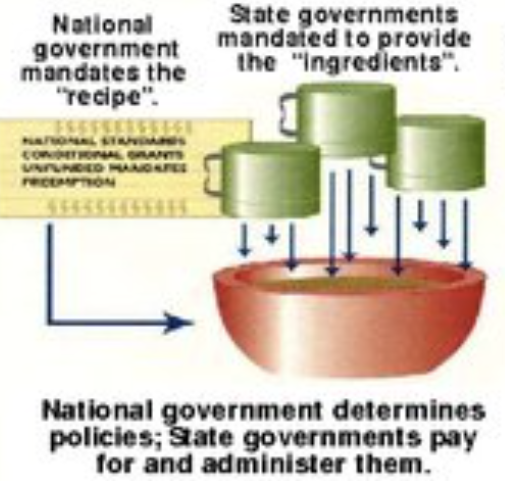 <p>one size fits all states through grants and regulations</p><ul><li><p>unfunded mandates</p></li><li><p>preemption</p></li></ul><p></p>