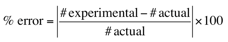 Percent error=

|experimental-accepted|

__________________                    x(100) 

Accepted