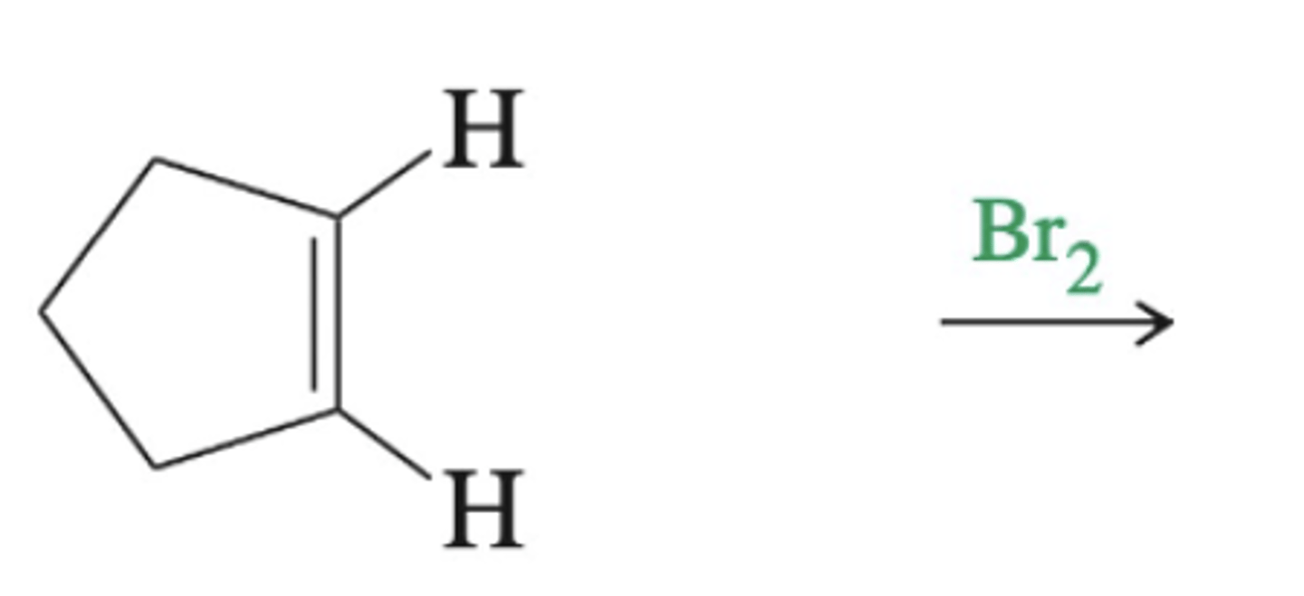 <p>alkene + diatomic halogen (mechanism)</p>