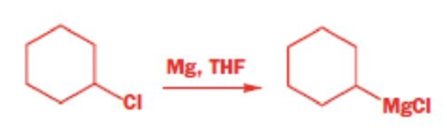 <p>takes an alkane and forms a grignard reagent (Mg)</p>