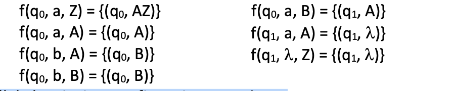 Dado el APV = ({a, b}, { Z, A, B}, {q0, q1}, Z, q0, f, Ø), con función de transición :

Indique cuál de las siguientes afirmaciones es cierta:

a.Se trata de un APv no determinista.

b. El lenguaje reconocido por el APv es el lenguaje vacío.

c. No es posible encontrar una Gramática en Forma Normal de Chomsky que genere el lenguaje aceptado por el APv.

d. La palabra más corta reconocida por el APv es abaa
