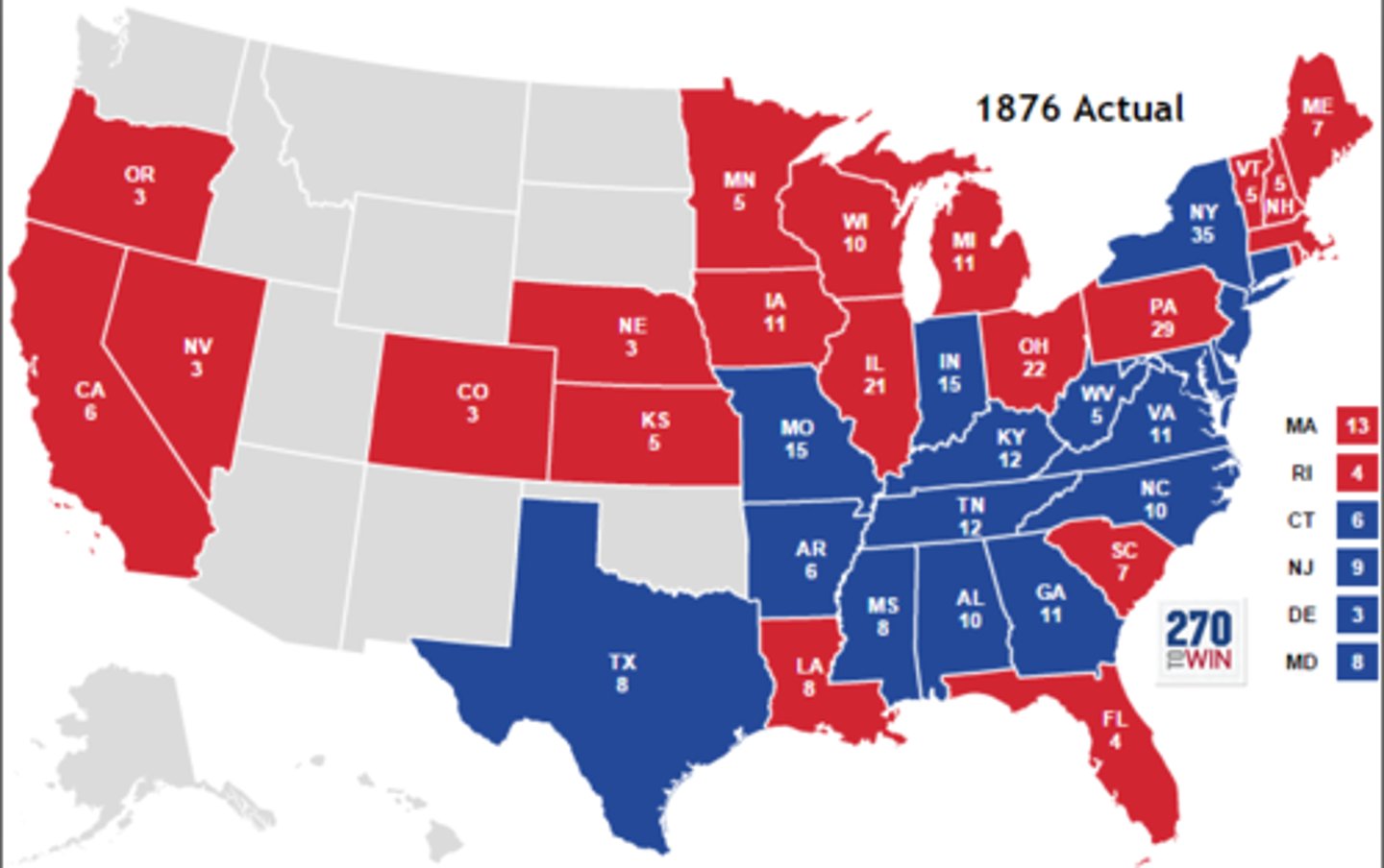 <p>Between Democrat Tilden and Republican Hayes, Tilden had more electoral votes, but not what was needed to win, Republicans in congress gave election to Hayes. Compromise was made by ending Reconstruction in the South - Military troops withdrawn, South returned Democrats to power.</p>