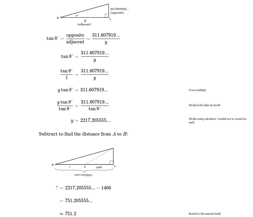 <p><span><span>The boat traveled </span></span><span style="font-family: KaTeX_Main, "Times New Roman", serif; line-height: 1.2; font-size: 1.21em;"><span>751.2</span></span><span><span> feet from point </span></span><span style="font-family: KaTeX_Main, "Times New Roman", serif; line-height: 1.2; font-size: 1.21em;"><em><span>A</span></em></span><span><span> to point </span></span><span style="font-family: KaTeX_Main, "Times New Roman", serif; line-height: 1.2; font-size: 1.21em;"><em><span>B</span></em></span><span><span>.</span></span></p>