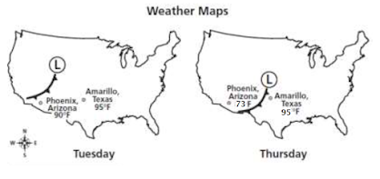 The maps below show a front as it moves east across the United States. Which of these describes the weather change that can be expected for Amarillo, Texas?