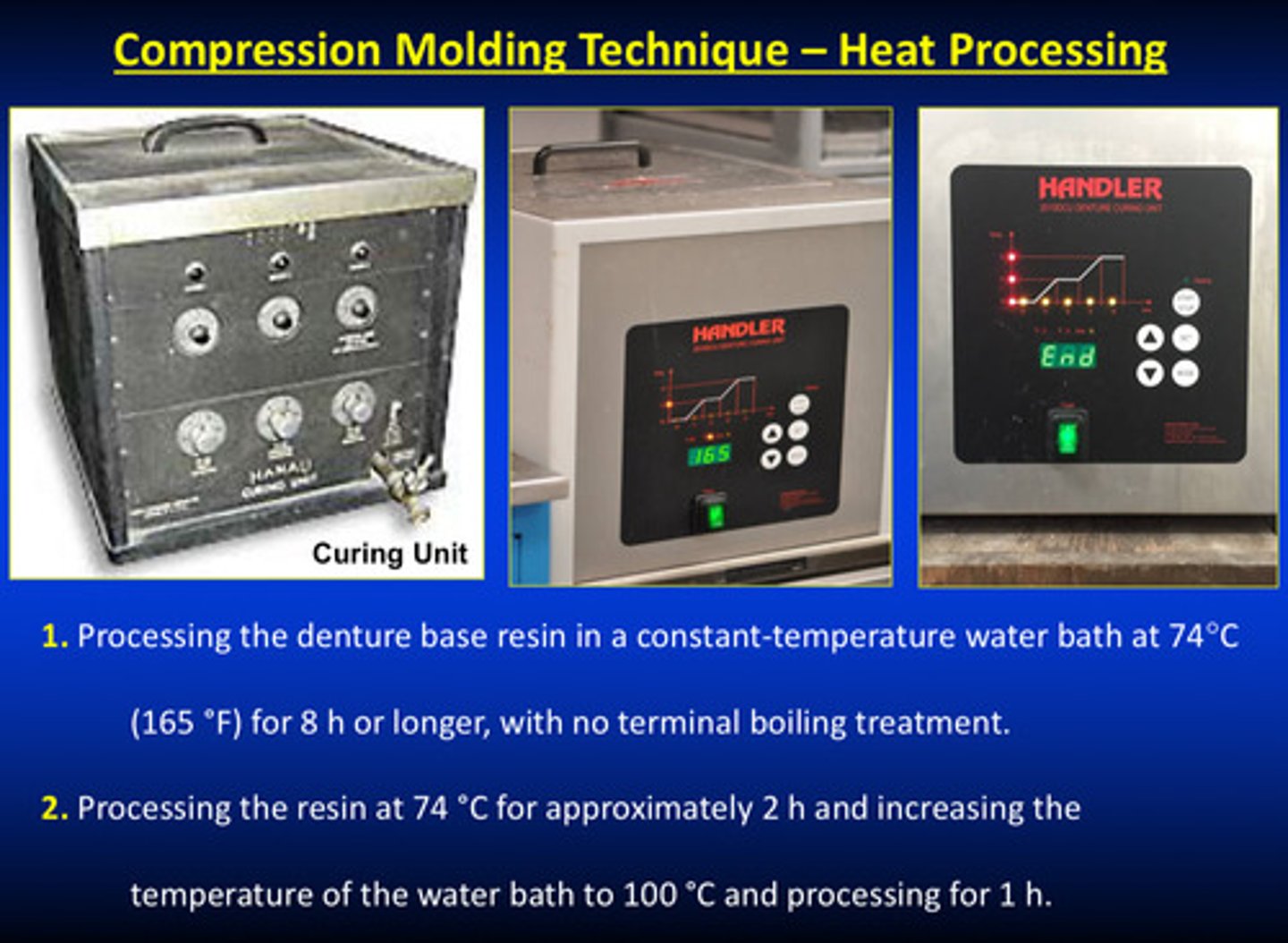 <p>1) process the denture base resin in a constant-temp water bath at 74 degrees C for 8 hours or longer with NO terminal boiling treatment (long-term)</p><p>OR</p><p>2) process the resin at 74 degrees C for 2 hours and increase the temp of the water bath to 100 degrees C and process for 1 hour (short-term and most common procedure)</p>