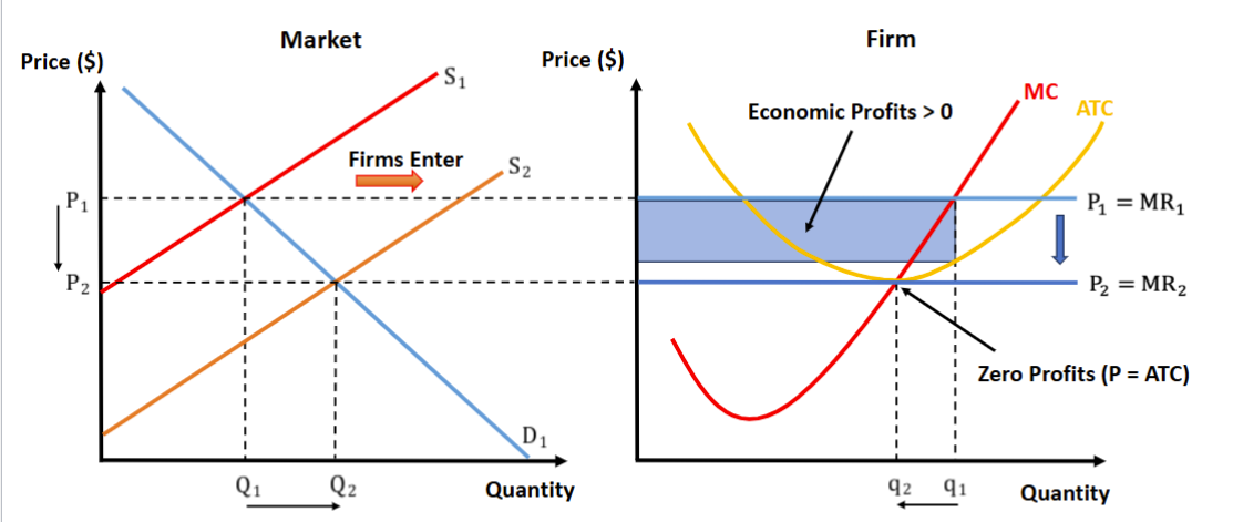 <p>Firms see positive profits, and enter, which increases Market Supply </p><ul><li><p>Market supply increase will decrease the equilibrium market price (P*) </p><p></p></li></ul><p></p>