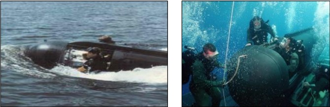 <ul><li><p>Mission: electrically powered, designed to deliver up to 6 combat swimmers + equipment. When it submerges the hull is completely flooded and swimmers are wearing underwater breathing apparatus. </p></li><li><p>Speed: 6kts</p></li><li><p>Range: 70mi</p></li><li><p>Crew: 6</p></li></ul>