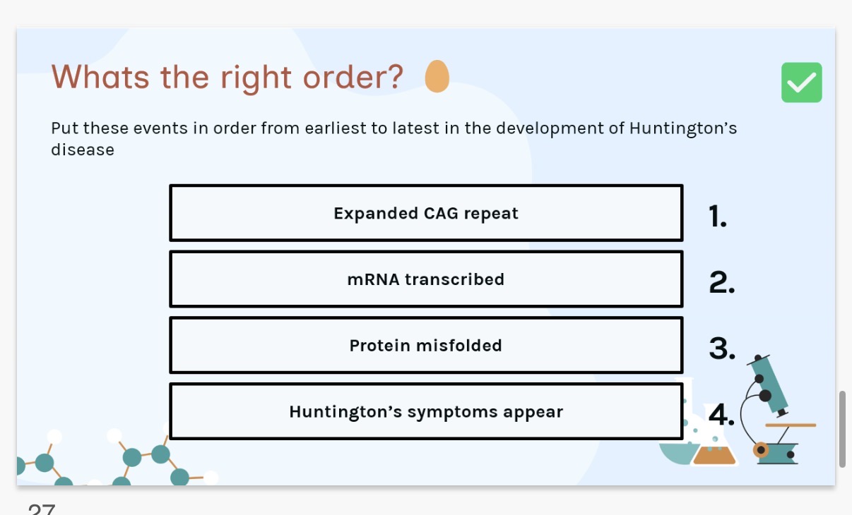 <ol><li><p>Huntington’s. 2. Increases. 3. 40. 4.severe. 5.dynamic</p></li></ol><p></p>