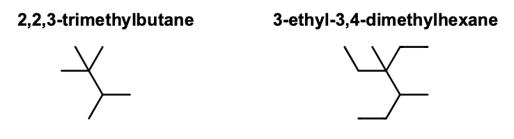 <p>Linear Chain with Multiple Offshoots </p><ol><li><p>Find the <strong>longest chain</strong></p></li><li><p>Order substituents alphabetically</p></li><li><p>Use a prefix for repeating groups & give them the lowest #’s</p></li></ol><ul><li><p>2 = di-</p></li><li><p>3 = tri-</p></li><li><p>4 = tetra-</p></li><li><p>5 = penta-</p></li><li><p>6 = hexa-</p></li></ul><p></p>