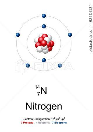 <p>Nitrogen, 2 electrons in inner shell, 5 in valence. 7 protons, neutrons, and electrons</p>