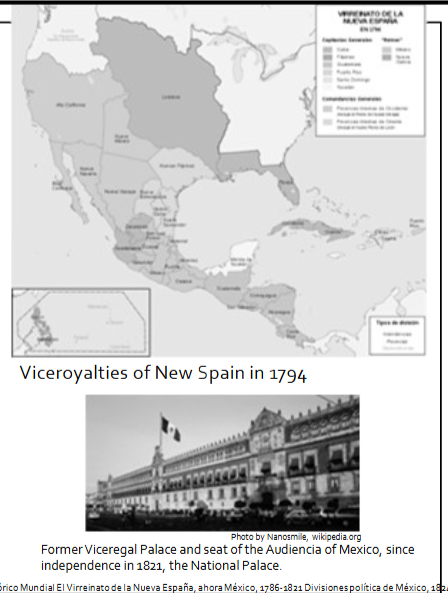 <p>The structure of Colonial Government</p><p>• The Spanish Crown</p><p>• The Council of the Indies</p><p>• 2 viceroyalties: New Spain and Peru</p><p>• Within each viceroyalty, there were multiple audencias:</p><ul><li><p>&nbsp;Guadelajara</p></li></ul><ul><li><p>&nbsp;Mexico</p></li></ul><ul><li><p>&nbsp;Yucatan</p></li></ul><ul><li><p>&nbsp;Guatemala (included Chiapas)</p></li></ul><ul><li><p>New Granada</p></li></ul><p>• Within viceroyalties, provinces (provincias) were ruled by governors</p><p>• Within provincias, corregidores and alcaldes mayores ruled towns</p><p>• Towns also had cabildos, or town councils</p><p>• Inspectors periodically conducted visitas (inspections) for the Crown</p>