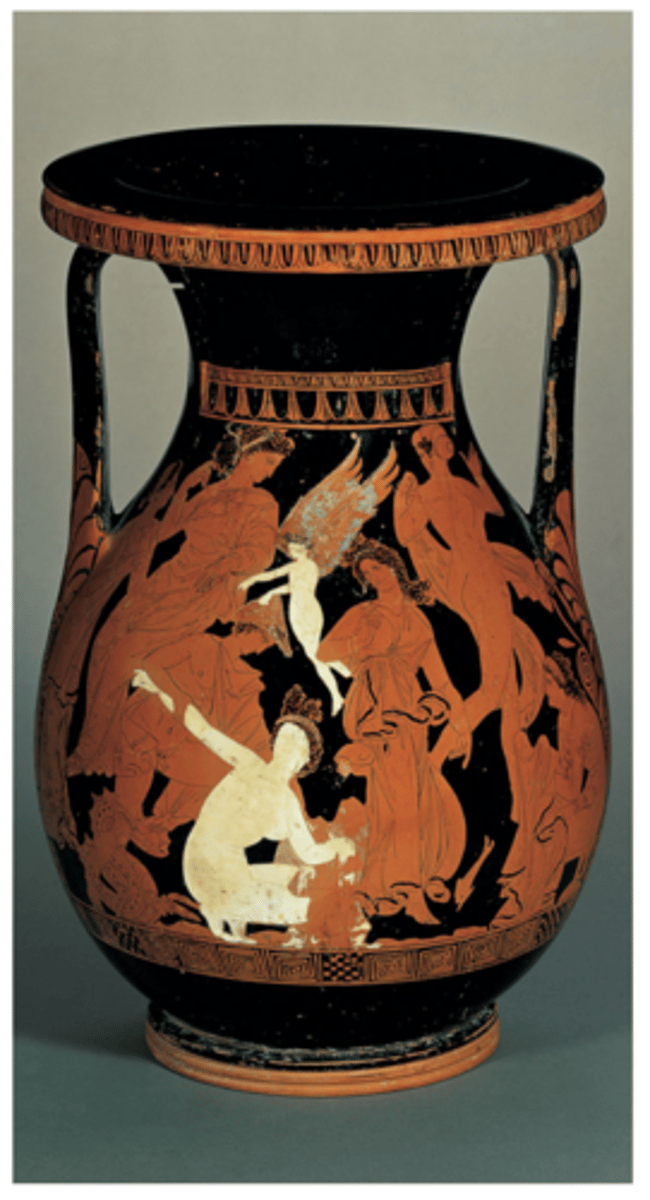 <p>- <span class="bgP">360-350 bce (late classical pd)</span></p><p>- <span class="bgP">by Marsyas Painter</span></p><p>- <span class="bgP">from athens???</span></p><p>- depicts peleus, thetis, eros, and nymphs</p><p>- interest in fully nude female figures (new)</p><p>- white is used to signify nudity (clothed women are depicted in red figure)</p>