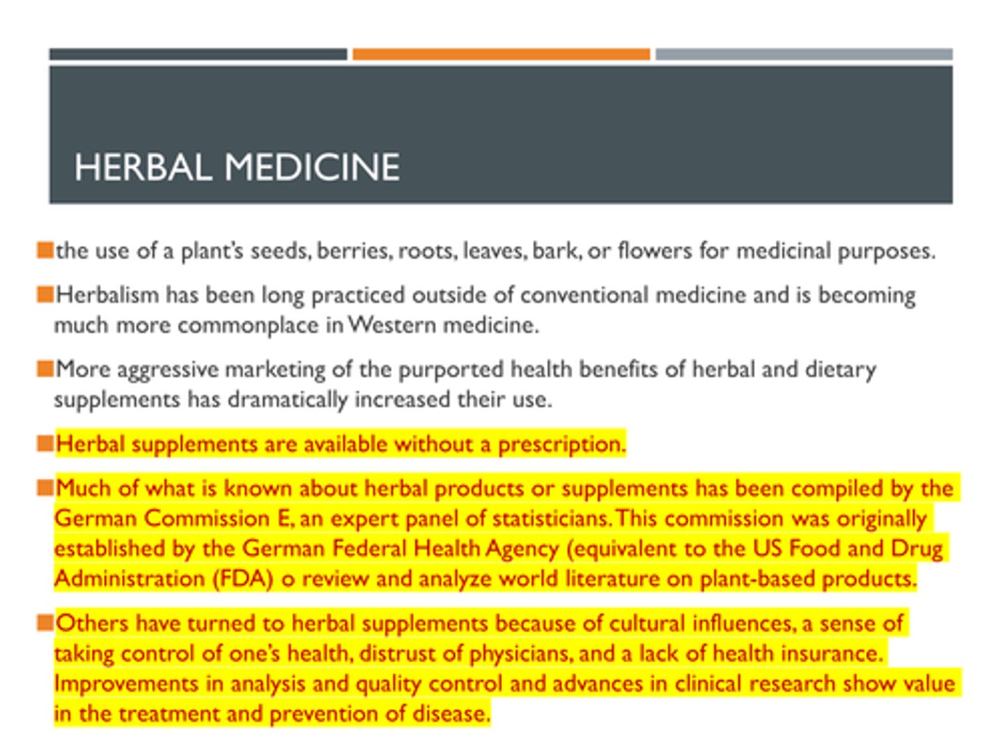 <p>Marketing practices</p><p>Available without a prescription</p><p>Cultural influences</p><p>Sense of taking control of one's health</p><p>Distrust of physicians</p><p>Lack of health insurance</p><p>Improvements in analysis and quality control</p><p>Advances in clinical research</p>
