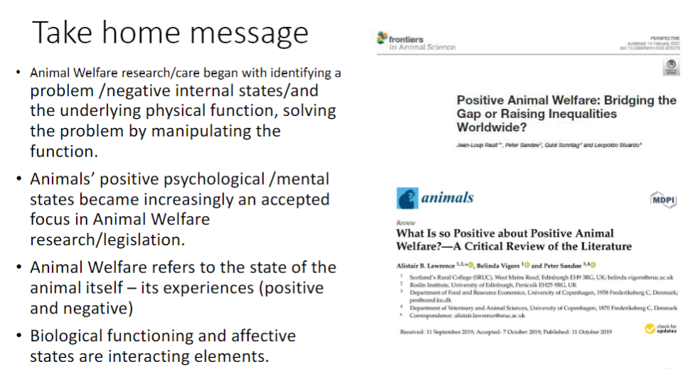 <p><strong>Origins of Animal Welfare Research</strong><br>āāBegan with identifying <strong>problems</strong>, negative internal <strong>states</strong>, and underlying <strong>physical functions</strong><br>āāSolved problems by manipulating <strong>function</strong></p><p><strong>Shift to Positive States</strong><br>āāAnimalsā positive <strong>psychological</strong> / <strong>mental states</strong> became an accepted focus in research and <strong>legislation</strong></p><p><strong>Definition of Animal Welfare</strong><br>āāRefers to the <strong>state of the animal itself</strong> ā includes <strong>positive</strong> and <strong>negative experiences</strong></p><p><strong>Interaction of Elements</strong><br>āā<strong>Biological functioning</strong> and <strong>affective states</strong> interact to determine overall welfare</p>