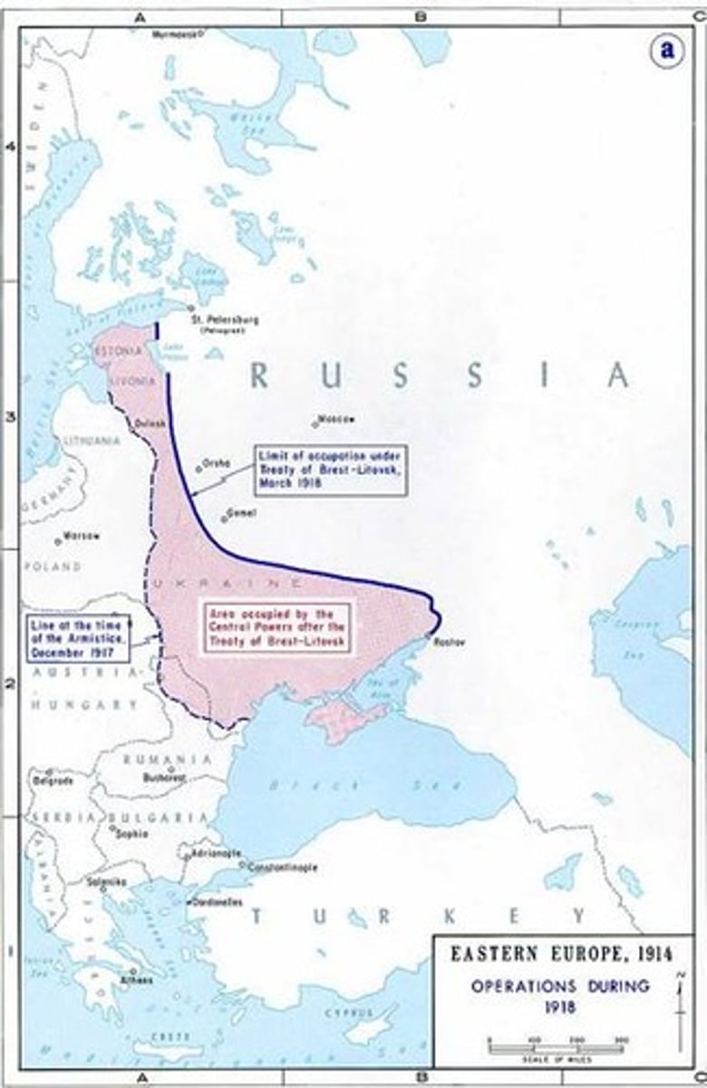 <p>What: marked Russia's final withdrawal from World War I and resulted in Russia losing major territorial holdings</p><p>importance: political landscape of Eastern Europe following the war.</p>