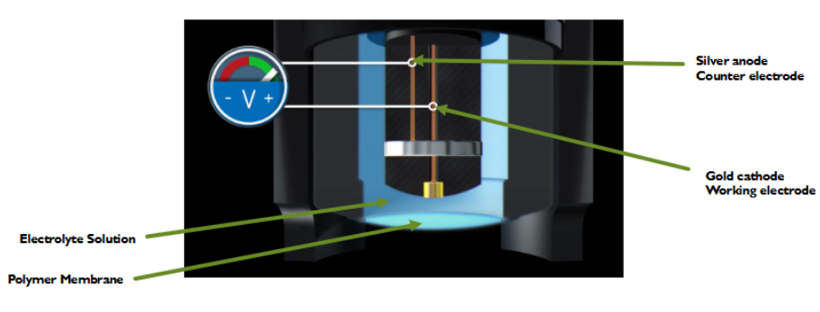 <p><span>Platinum cathode surrounded by tubular silver anode<br></span></p><p><span>Oxygen diffuses through polymeric membrane to internal electrolyte solution, reduced at the<br>platinum cathode<br></span></p><p><span>Measures the amount of current flow in a circuit that is related to the amount of oxygen being<br>reduced at the cathode<br><br>Cathode (Red Cat)<br>• Negative Pole<br>• Reduction Reaction<br>• Gain of Electrons</span></p><p><br></p>