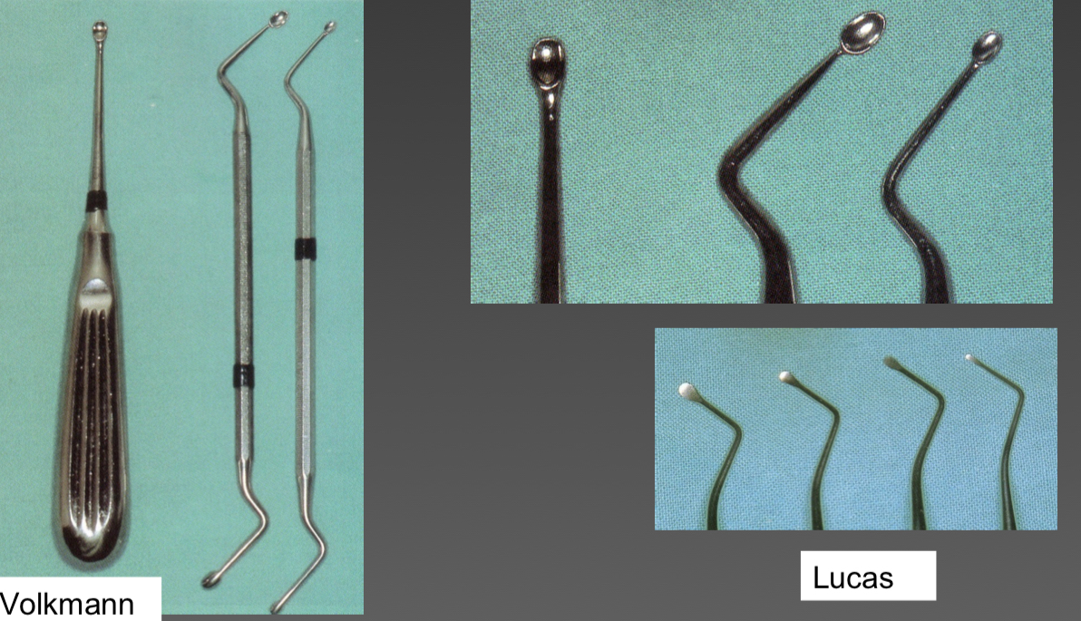 <p>Small scoop design- debride <strong>soft</strong> tissues</p><p>Straight/angles, varying length and concavity shape</p>