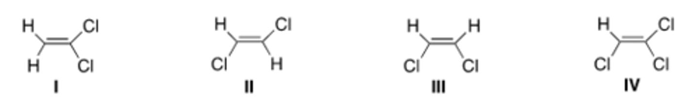 <p>Which of the following molecules has a net dipole moment of zero?</p><p>A) I</p><p>B) II</p><p>C) III</p><p>D) IV</p>