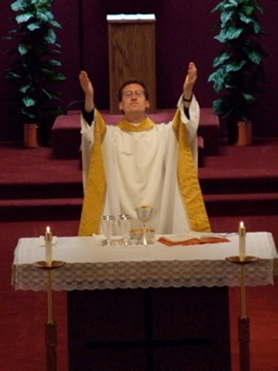<p>priest's gestures along with the words of the Eucharistic Prayer, fully drawing us into the sacred action about to happen; calling down of the Holy Spirit.</p><p>hands extended (offering to the Father), closed (humble prayer)</p>