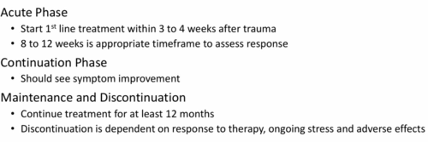 <p>- acute phase</p><p>- continuation phase</p><p>- maintenance / discontinuation</p>