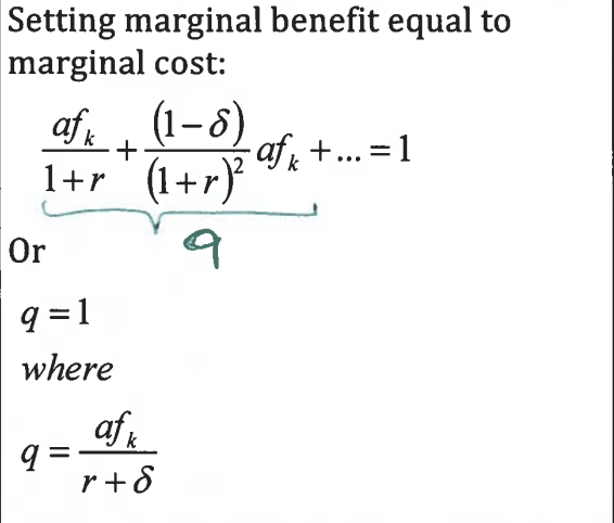 <p>Firms face a production function af(k) where they choose K to maximise PV of future shareholders’ dividends. If K depreciates with a rate δ then the MB of each year is af(k)*(1-δ)<sup>t</sup></p><p></p><p>This leads to the infinite sum in the image equating MB=MC</p><p></p><p>Using the sum of infinite geometric series, <strong>q = af<sub>k</sub> / r+δ</strong></p>