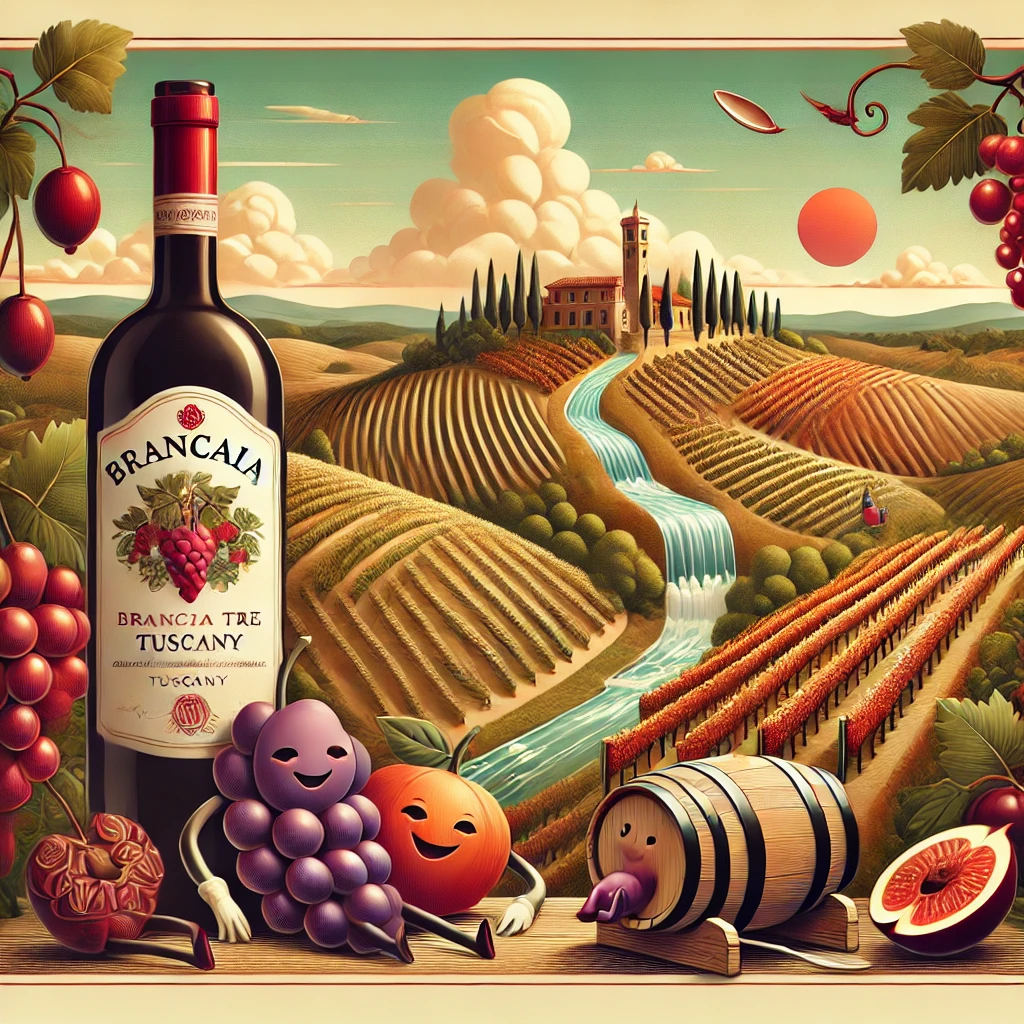 The scene showcases a serene Tuscan vineyard with ripe cherry and luscious plum characters lounging on velvety tannin clouds. A cascading wine waterfall flows through rolling hills, with fruit characters riding tiny wine barrels. A stately wine bottle with Tuscan-inspired patterns stands gracefully in the center, and the soft, approachable finish is symbolized by a tranquil sunset over the vineyard. This warm and inviting depiction captures the wine's elegant complexity and charm.