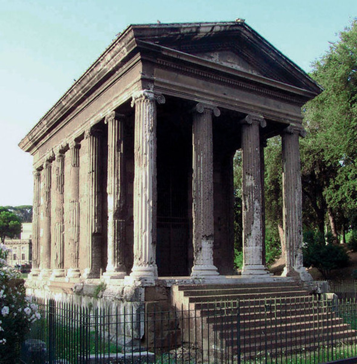 <p>-God of port, next to river</p><p>-High podium to account for flooding</p><p>-Ionic, frontal, semi-peripteral</p><p>-Tufa and travertine</p>