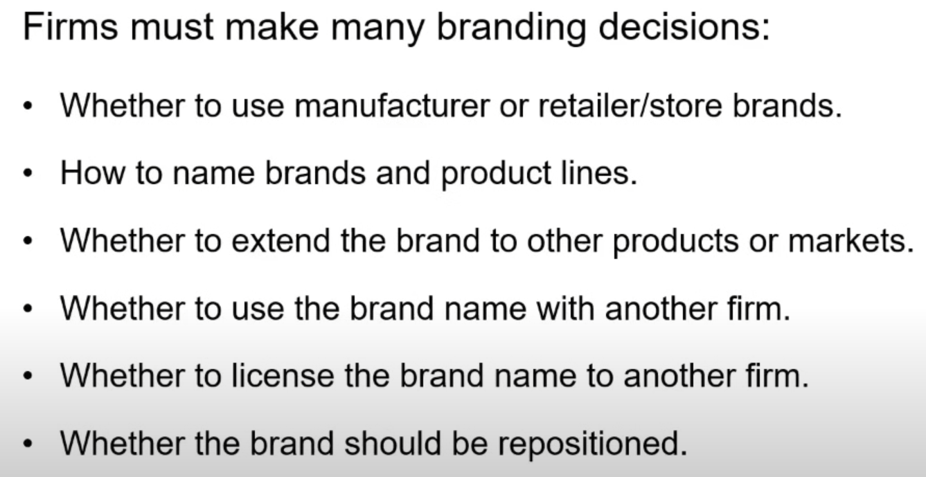 <p>Brand Ownership </p><p>Naming Brands and Product Lines </p><p>Co-branding</p><p>Brand Licensing</p><p>Brand Repositioning</p>