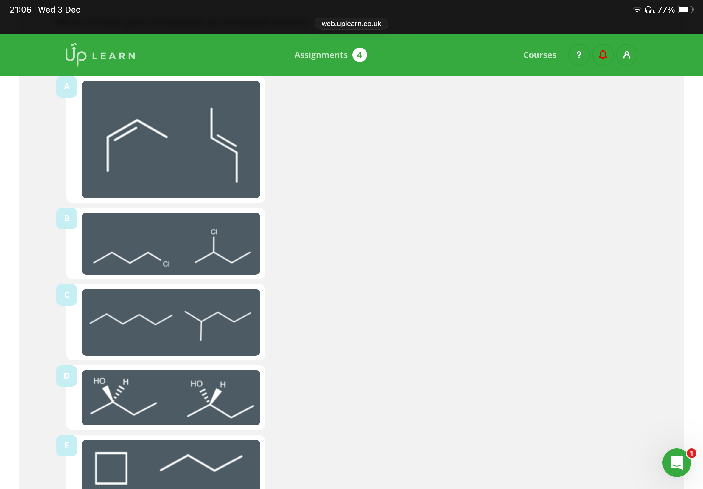 <ol><li><p>What is structural isomerism?</p></li><li><p>What are the 3 types of structural isomers?</p></li><li><p>Answer the image and explain why E is or is not a structural isomers?</p></li></ol><p></p>