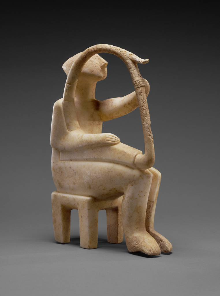 <ul><li><p><span>Often depict male figures</span></p></li><li><p><span>made of marble</span></p></li><li><p><span>fakes have been suspected due to lack of defining features like fingers occurring in genuine Cycladic art but present in the forgeries&nbsp;</span></p></li><li><p><span>c. After 2700 BCE</span></p></li></ul>