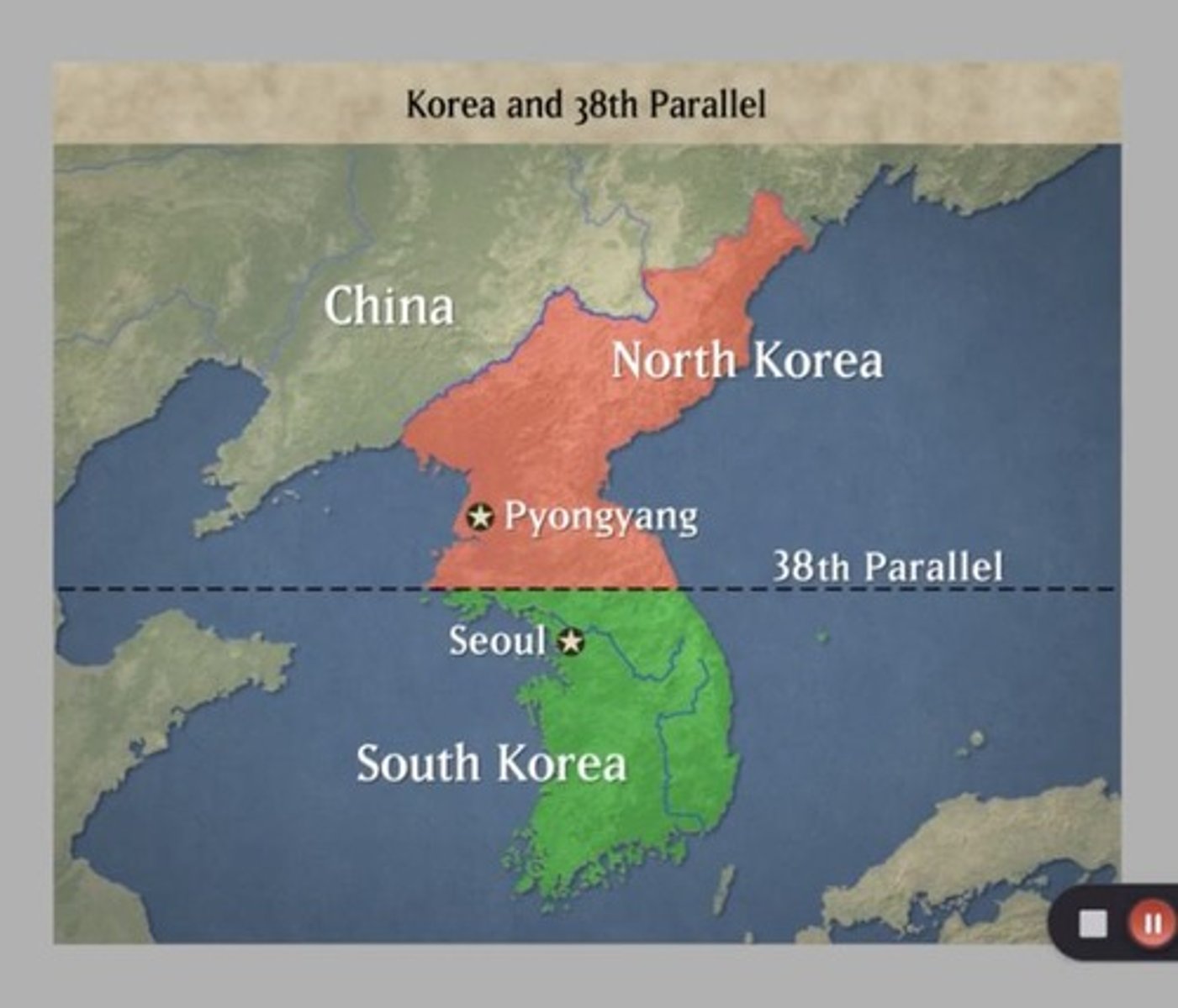 <p>The latitude line that served as the pre-war boundary between North and South Korea, which became the dividing line after the Korean War.</p>