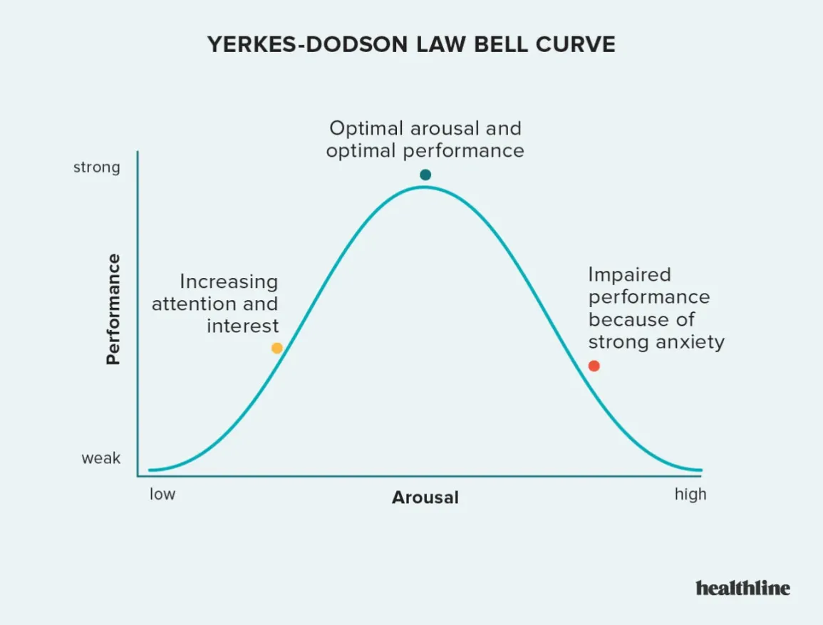 <p>Up until a point arousal increases performance, too much arousal hinders performance</p>