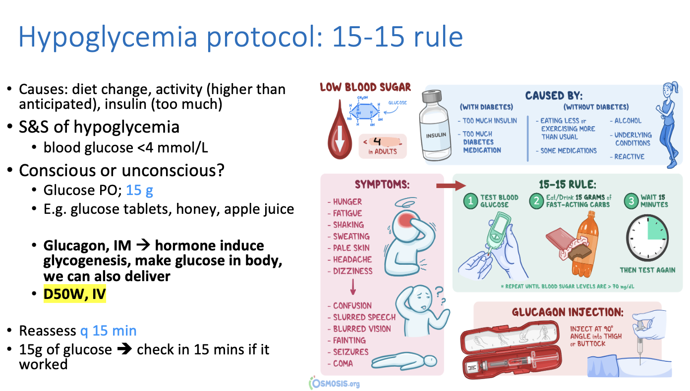 <p>15-15 rule</p><ul><li><p>can give any source of carbs such as glucose tablets, honey, apple juice</p></li></ul><p><span style="color: blue;"><strong><span>Glucose PO 15g —> reassess every 15 minutes</span></strong></span></p>