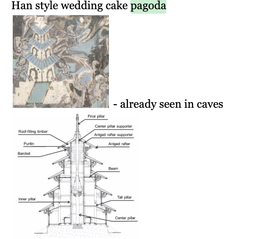 <ul><li><p><span style="background-color: transparent;"><span>Stupa becomes a pagoda, like a tower → very tall with multiple eaves that come to a central peak, each eave is of a smaller and smaller diameter (wedding cake style pagoda) imported/appropriated from Han Dynasty Chamber</span></span></p><ul><li><p><span style="background-color: transparent;"><span>Chambers served as a relic chambers and symbols of Buddha and his teaching</span></span></p></li></ul></li><li><p><span style="background-color: transparent;"><span>It takes 1,000 years before this structure reaches japan, reaches through Korea - political struggle in this period between buddhism and local religion (buddhism ends up prevailing)</span></span></p></li></ul><p><span style="background-color: transparent;"><strong><span>Nara is </span><em><span>the </span></em><span>center of buddhism of Japan of the entire archipelago, Nara later rebuilds after a fire</span></strong></span></p><ul><li><p><span style="background-color: transparent;"><span>Japan gets a lot of earthquakes, design is an example of earthquake proof architecture</span></span></p></li><li><p><span style="background-color: transparent;"><span>Each style is a box that flows freely around a central pillar</span></span></p></li><li><p><span style="background-color: transparent;"><span>When there is an earthquake, each box can shift and slide around the central pillar that prevents it from falling down</span></span></p></li></ul><p></p>